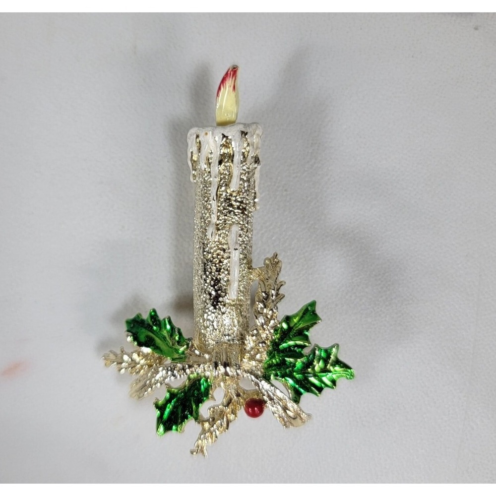 Vintage Christmas‎ candle Brooch Enamel & Gold Holiday Signed GERRY